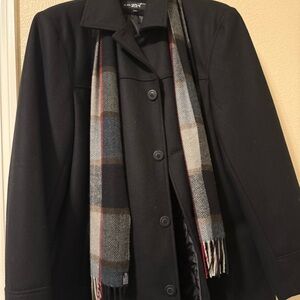 Black Rivet Black Pea Coat with Plaid Scarf